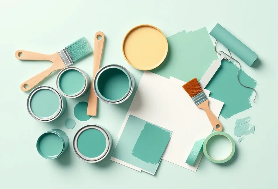 Pots de peinture, nuancier, brosses et rouleaux disposés à plat