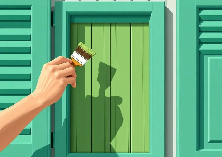 Mise en peinture au pinceau de volets et d'encadrements en bois