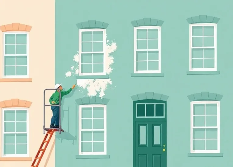 Peintre sur échafaudage traitant la façade d'une maison
