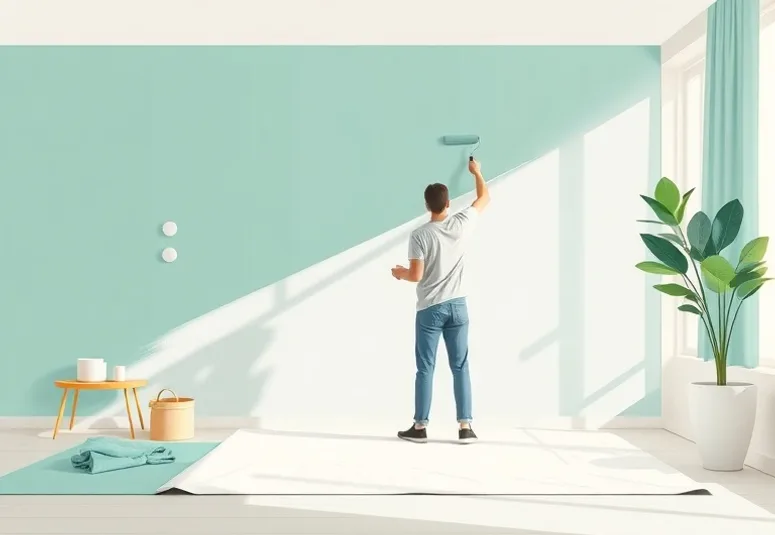 Peintre appliquant la peinture au rouleau sur un mur de salon